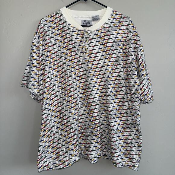 Vintage Boss Men’s Henley Shirt Size L Multicolor Abstract Geometric 90s Retro - Picture 1 of 7